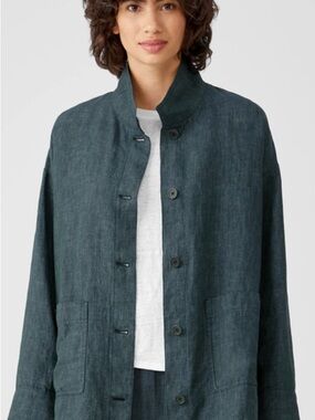 Eileen Fisher Dark Teal Delave Linen Button-Up Jacket Oversized XS - EUC!
